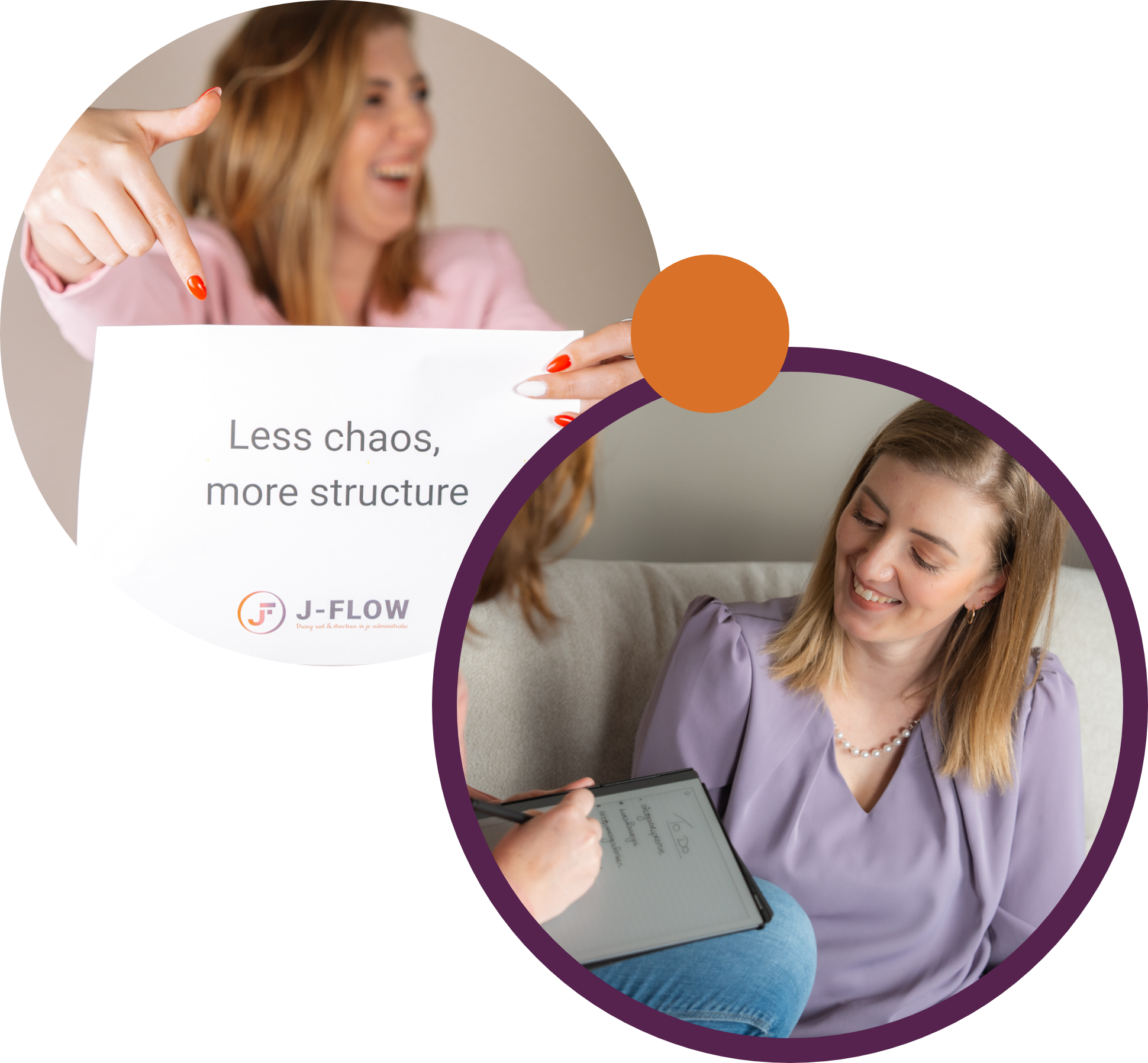 J-Flow Jana in branding cirkels met quote less chaos, more structure
